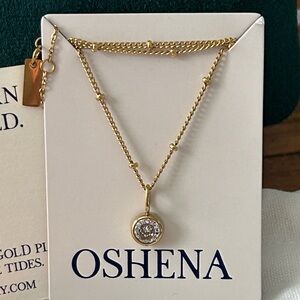 Oshena Designer Beachwear Gold Necklace with Crystal clear Pendant